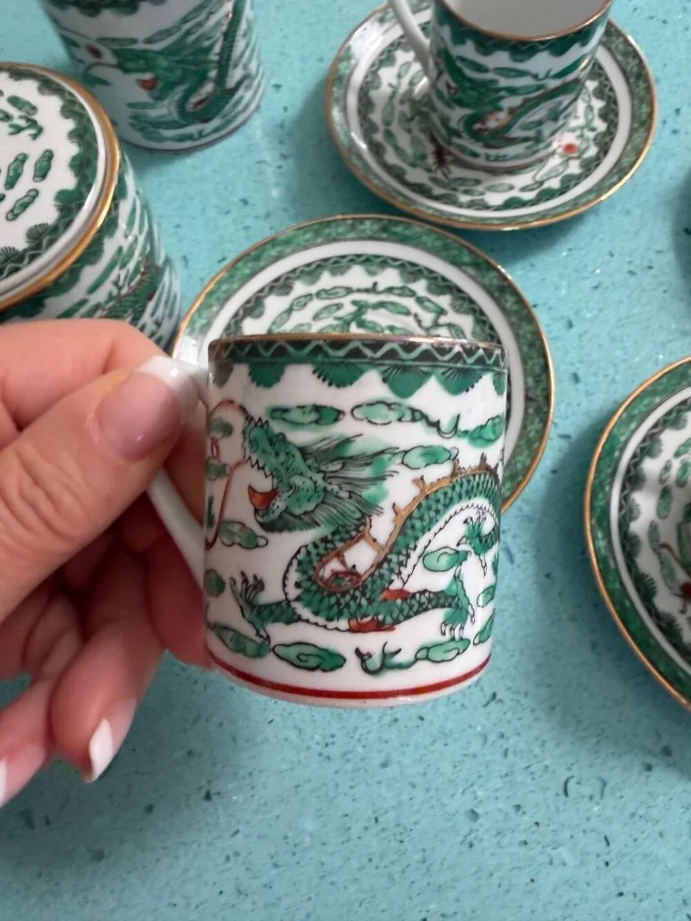 Vintage Chinese Porcelain Set of 6 Demitasse Cup, Saucer Set Sugar And Creamer